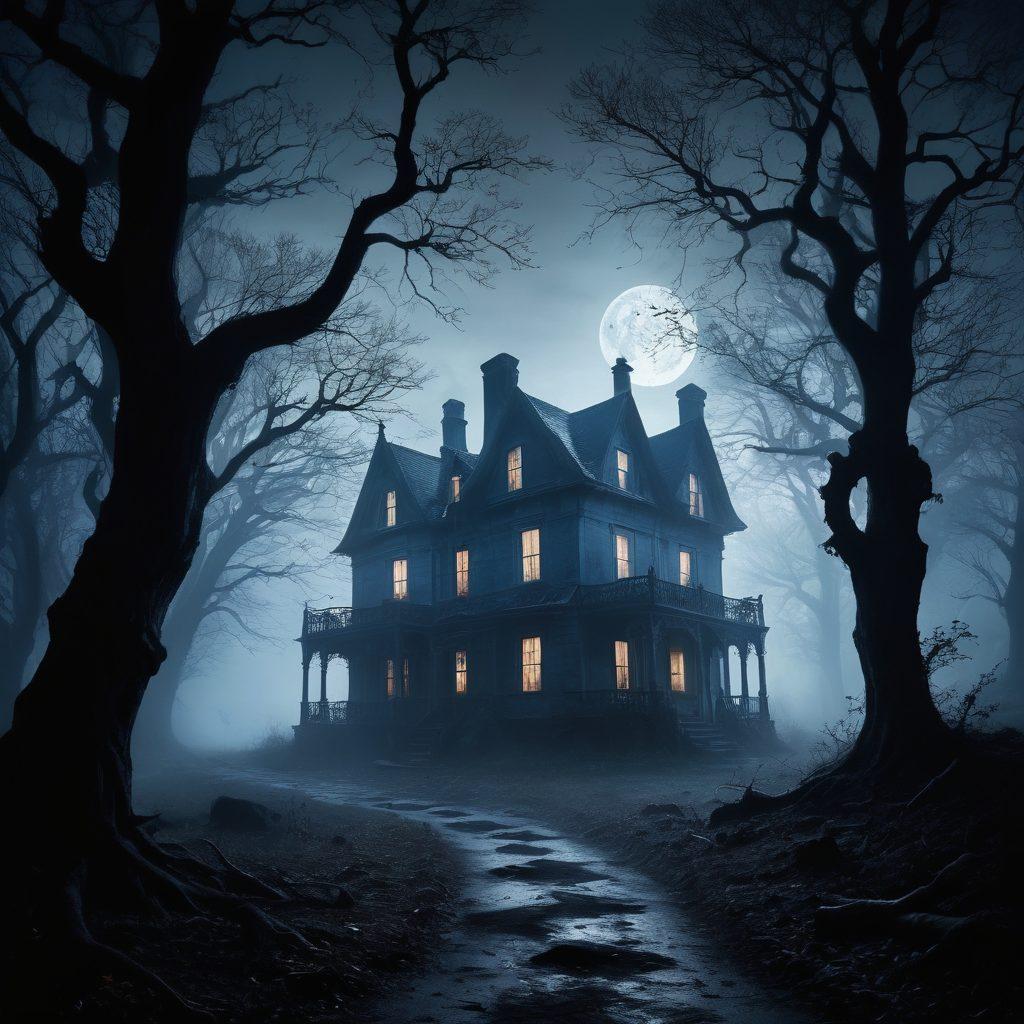 A haunting forest under a moonlit sky, with shadowy figures lurking among the gnarled trees. Wisps of fog weave through the dark paths, creating an eerie atmosphere, while a distant old house casts a foreboding silhouette. Scattered ghostly whispers seem to emanate from the shadows, igniting a sense of chilling intrigue. The color palette evokes dark blues and blacks, with piercing white moonlight illuminating select details. super-realistic. dark tones. eerie ambiance.
