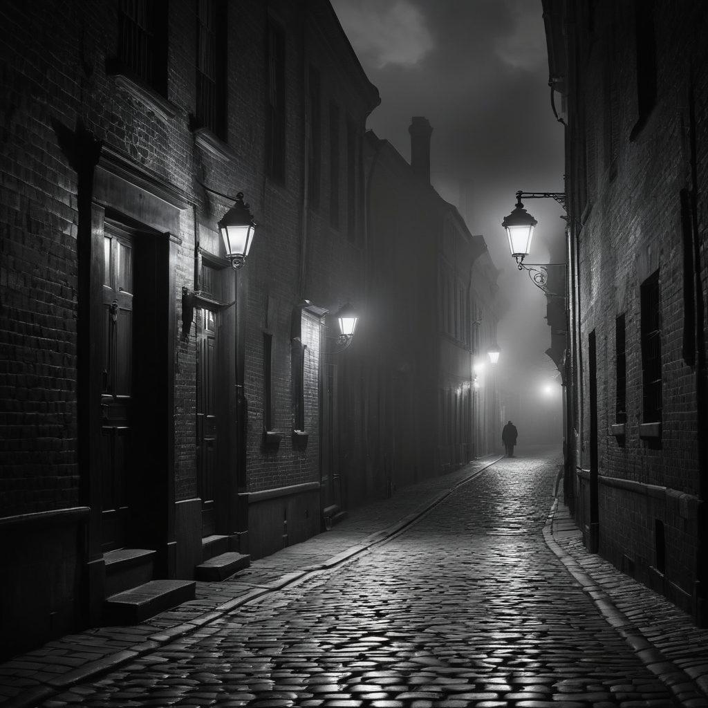 A dark, misty cityscape at night, with shadowy figures lurking in alleyways and faint screams echoing in the background. Eerie streetlights flicker, illuminating an ancient book of urban myths on a cobblestone street. Ghostly apparitions hover above, adding an ominous vibe to the scene. The sky is filled with ominous clouds, hinting at the unknown. super-realistic. dark tones. vibrant highlights.
