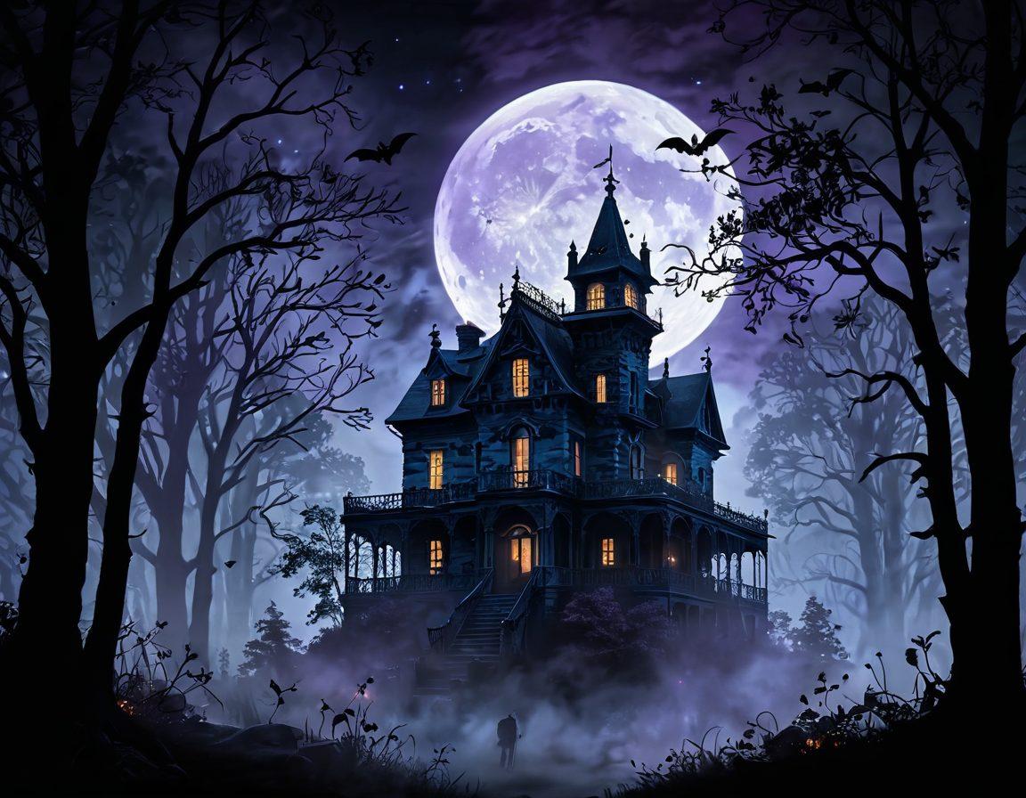 A dark, atmospheric landscape featuring a misty forest at night, with glowing wisps and phantom-like silhouettes lurking among the trees. In the foreground, an old, haunted mansion under a full moon, with bats flying around and eerie shadows cast on the walls. The color palette should emphasize deep blues, blacks, and subtle purples to enhance the spooky ambiance. super-realistic. vibrant colors. cinematic lighting.